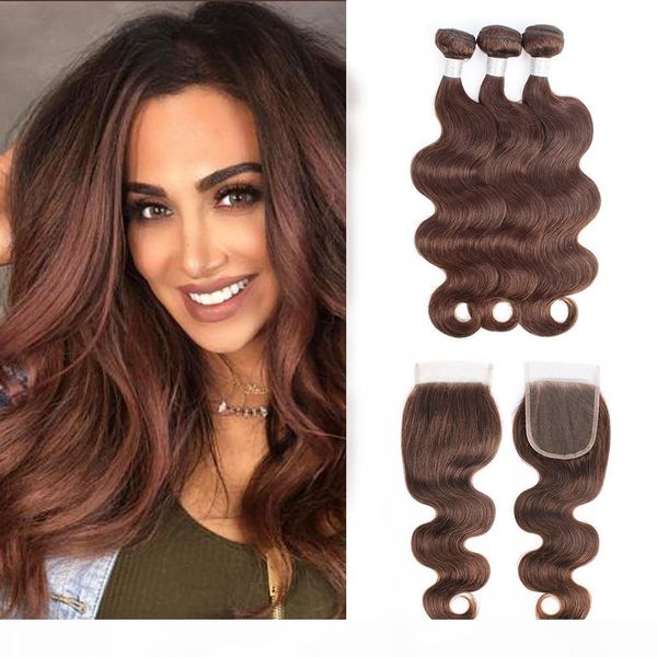 

# 4 chocolate brown body wave hair bundles with closure brazilian virgin hair 3 bundles with 4*4 lace closure remy human hairextensions, Black;brown