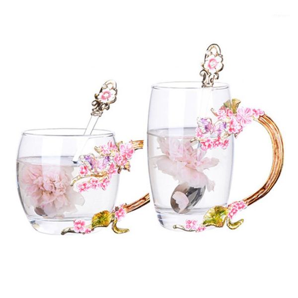 

color enamel glass coffee mugs plum blossom cups and mugs with spoon handgrip creative europe drinkware1