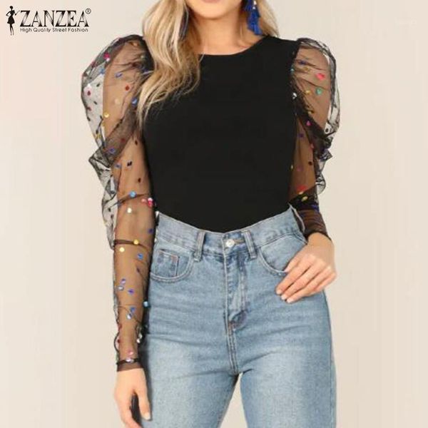 

s 3xl zanzea summer party club blusas fashion mesh patchwork blouse women puff sleeve transparent tunic female chemise1, White