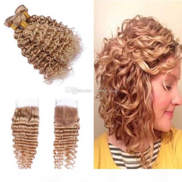 

strawberry blonde 27 human hair 3 bundles with lace closure part lace closure with deep wave hair extensions, Black;brown