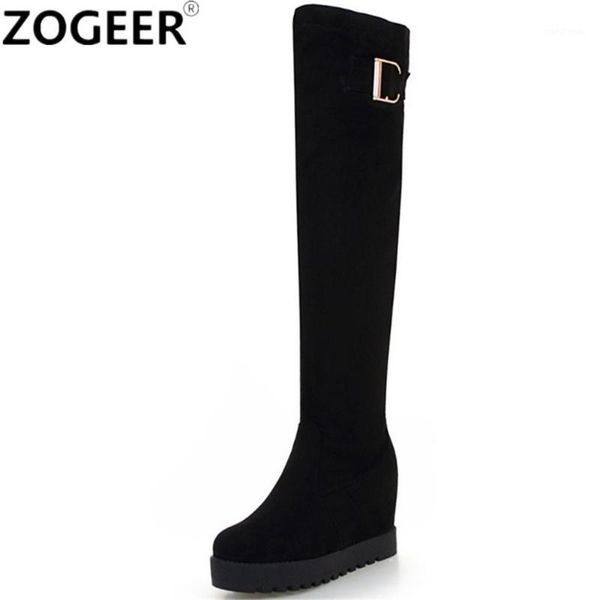 

plus size 43 classic wedges long boots women winter height increasing black knee high boot stretch fabric flock thigh high shoes1