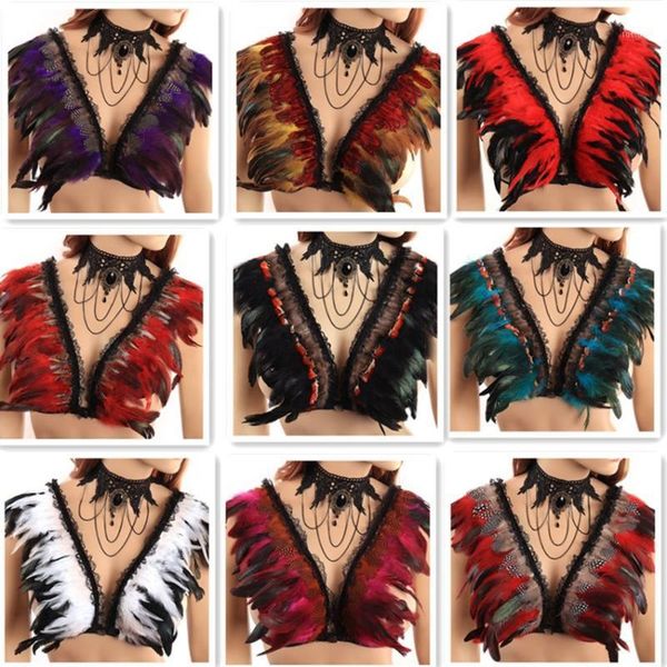 

2018 new gothic colorful feather harness retro body cage bra 90s exotic gypsy underwear fetish wear tights festival carnival1, Black;white