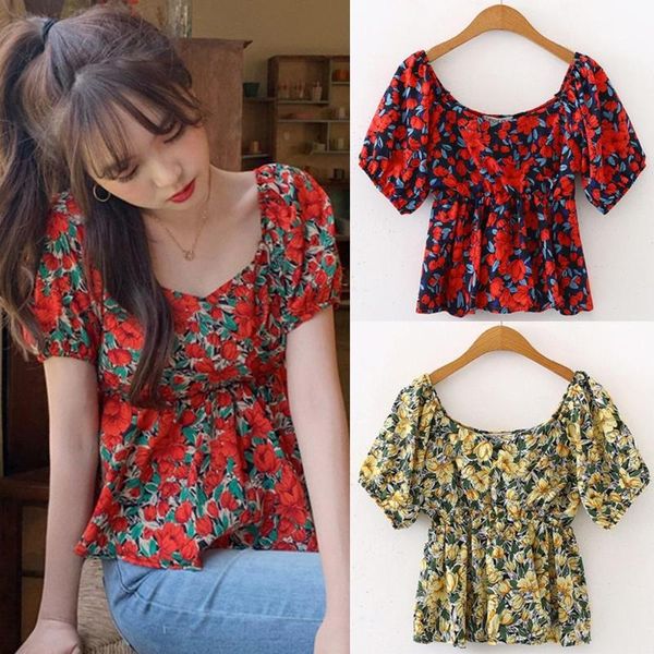 

2021 elegant lady square collar women shirt blouse chiffon retro loose floral print short sleeve casual shirt blusas mujer, White