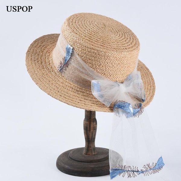

uspop 2020 raffia sun hats women fashion wide brim straw hats female summer big silk bow-knot beach hat, Blue;gray