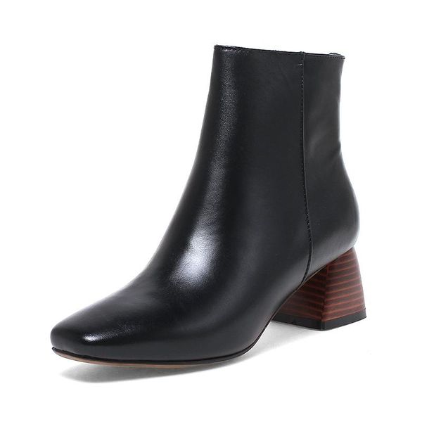 

boots natural cow leather ankle back zipper female footwear 2021 arrival winter women's high square heel shoes brand, Black