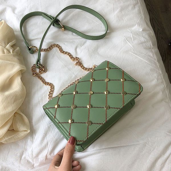 

lingge embroidery thread plaid small square bag female new fashion rivet casual shoulder messenger bag 2020