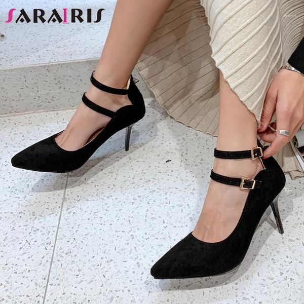 

sarairis brand lady bridal wedding party casual pumps pointed toe pumps women spring buckle strap high thin heel shoes woman1, Black