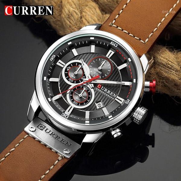 

wristwatches men watches curren mens chronograph sport watch male waterproof leather army quartz analog clock 82911, Slivery;brown