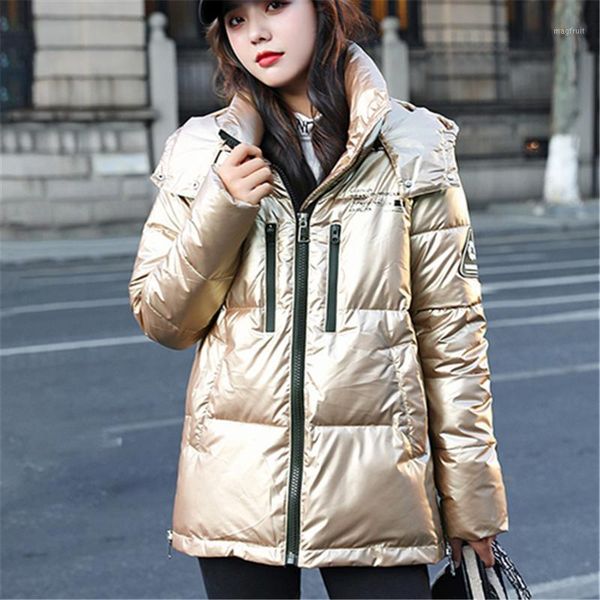 

short shiny cotton-padded jacket women 2020 winter fashion new high-quality hooded long-sleeved thick warm coat trendy 2301, Black