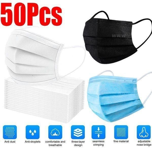 

breathable blue non-woven face 3-layer masks mask white mouth disposable black anti-dust 50pcs vqjdv