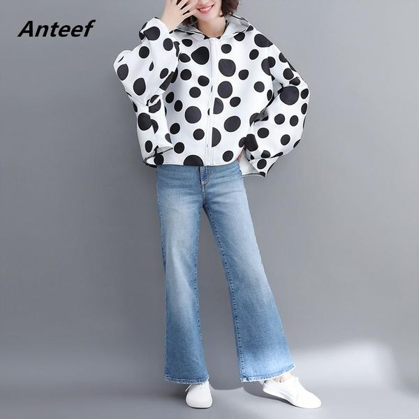

women's jackets satin plus size vintage polka dot hoodie casual loose oversized spring autumn coat women jacket zipper clothes 2021 car, Black;brown