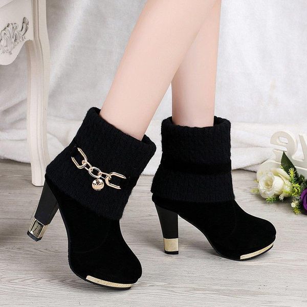 

2020 new autumn and winter new thick-heeled woolen women's boots high-heeled platform cross-border large size snow boots, Black