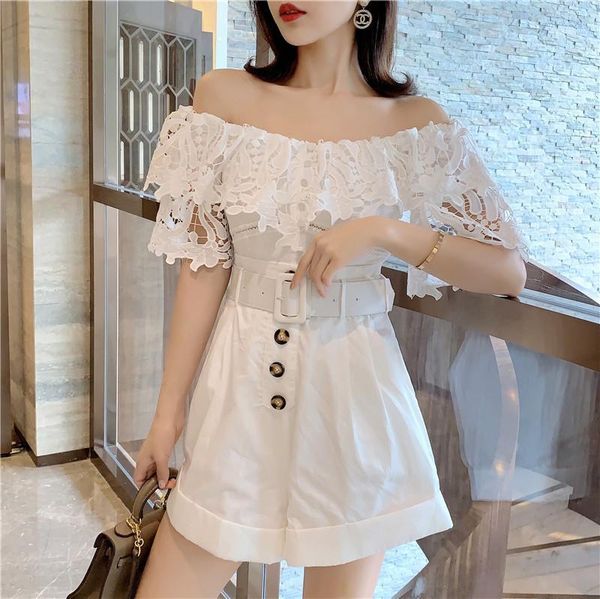 

2020 runway designer summer hollow out lace patchwork jumpsuits woman slash neck ruffles wide-legged jumpsuits female1, Black;white