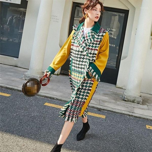 

women spring loose tassels plaided trench flare sleeves patchwork casual jacket turn-down collar long coat1, Tan;black