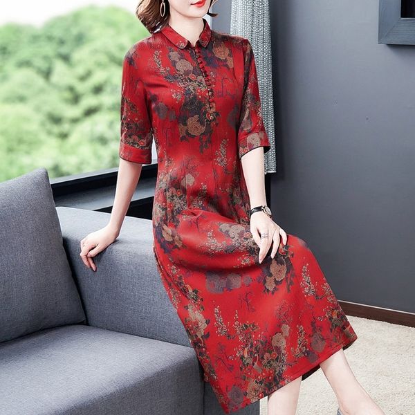

mum3i 0909 scopolized 2020 summer new authentic fragrant long skirt cloud yarn artistic silk fud2 dress medium-length silk mother's dre, Black;gray