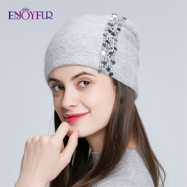 

enjoyfur зимние вязаные шапки двухслойные для женщин моды блестки и стразы шапочки женские толстые теплые новые шапки y201024, Blue;gray