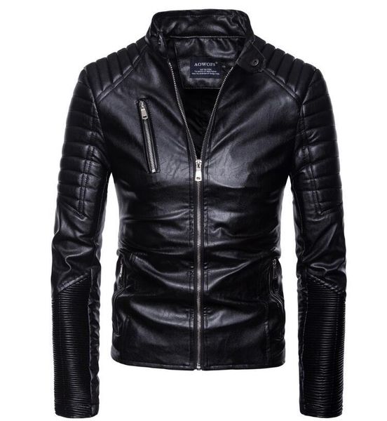 

2021 autumn new casual pu jacket coat men fashion vintage outwear zip faux leather jackets men, Black
