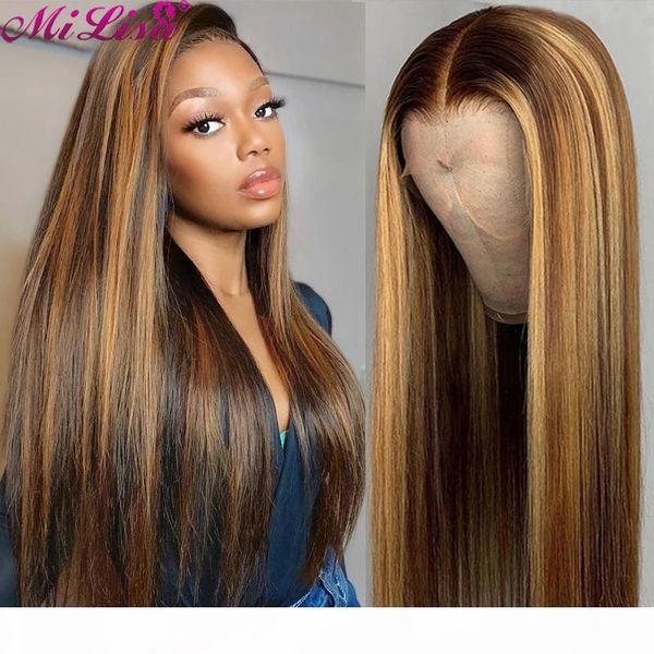 

mi lisa ombre human hair wig straight lace front human hair wig for women brazilian highlight hd lace frontal, Black;brown