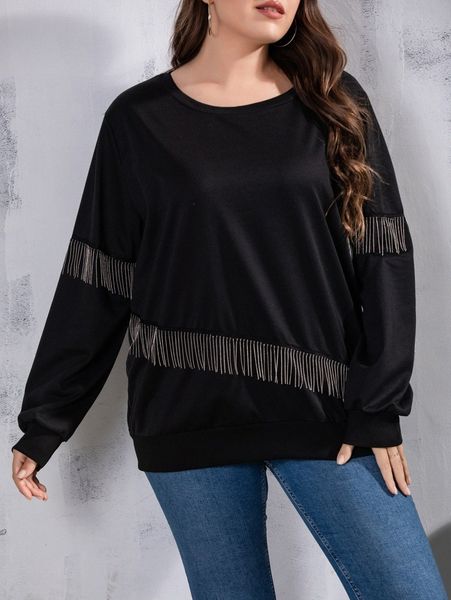 

plus fringe trim longline sweatshirt q1lv#, Black
