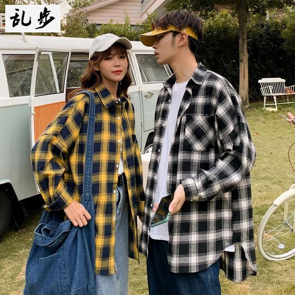 

casual loose yellow men shirt plaid button long sleeve shirt men korean koszule meskie party mens clothing spring autumn mm60ncs1, White;black