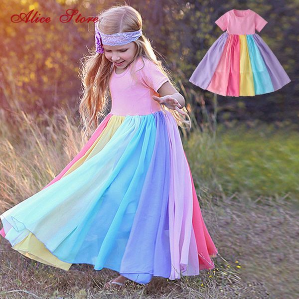 2020 Sommer Mädchen Kurzarm Kleid Lange Regenbogen Farbe Nähen Prinzessin Kleider Kinderkleidung für 2-8 Jahre Kinder LJ200923