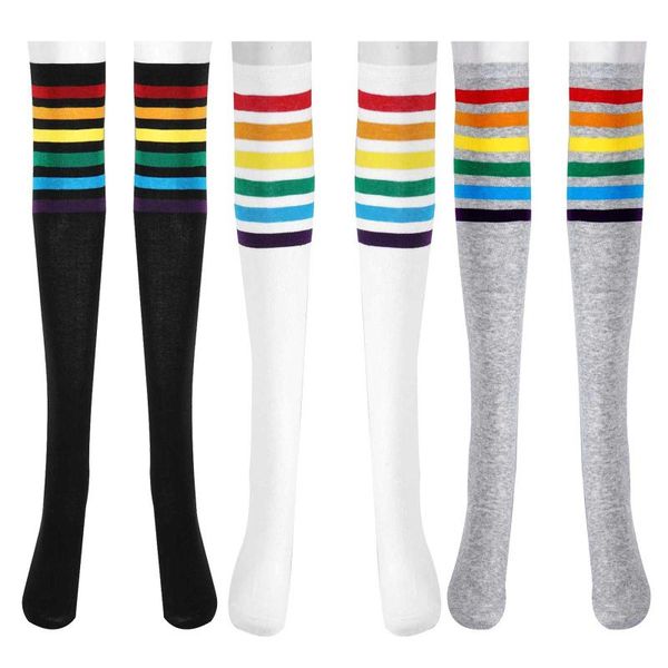 

fashion 1 pair women knee high socks lightweight warmer cotton socks female knit rainbow stripes stocking for birthday gift, Black