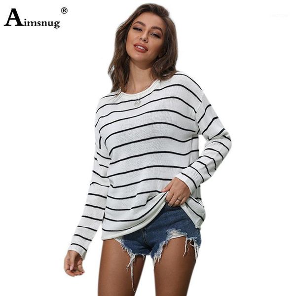 

aimsnug casual pullover sweaters o-neck long sleeve autumn tunic outerwear fashion stripe 2020 women loose knitting pullovers1, White;black