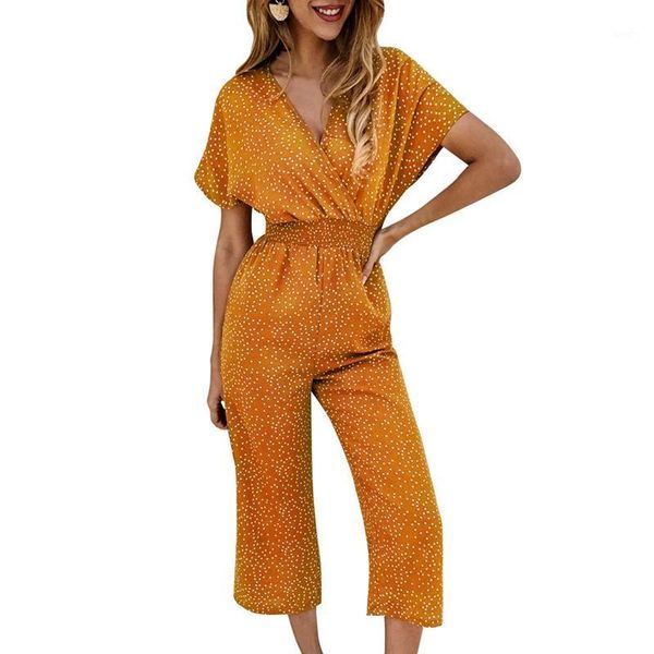 

summer casual printed v-neck overalls jumpsuit short sleeve wide leg loose jumpsuit1, Black;white