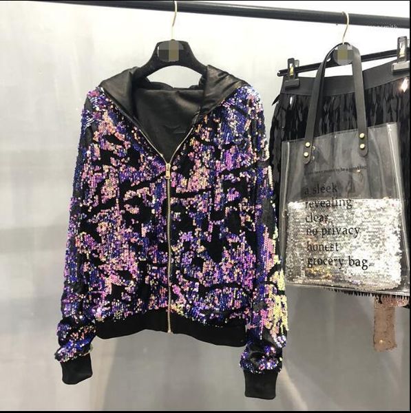 

qooth women sequin coat bling bling shiny outerwear casual jacket sequined purple coats cardigan baseball jackets qh21881, Black;brown