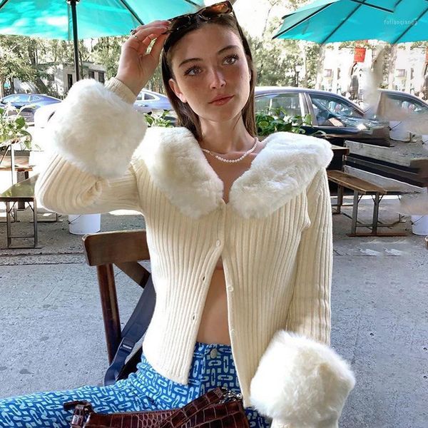 

winter clothes women 2020 fall cardigan v neck white solid color long sleeve coat fur collar elegant cotton knitted sweater1
