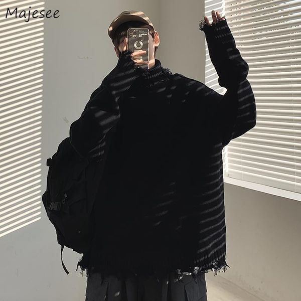 

pullovers men turtleneck solid ripped loose casual knitted sweater winter warm soft hollow out fashion simple ulzzang chic retro, White;black