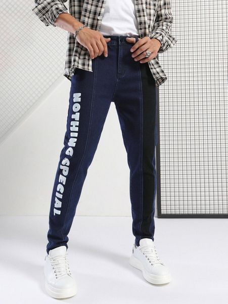 

men letter graphic contrast panel jeans 04a3#, Blue