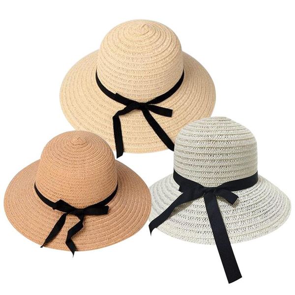 

summer straw hat for women casual wide brim sun cap with bow-knot ribbon ladies vacation beach hats, Blue;gray