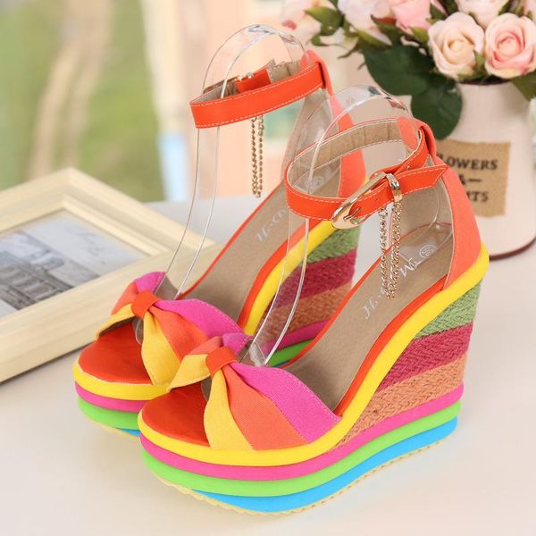 

summer sandals women women's ladies wedges high multicolor patchwork sandals peep toe roman shoes high heels, Black