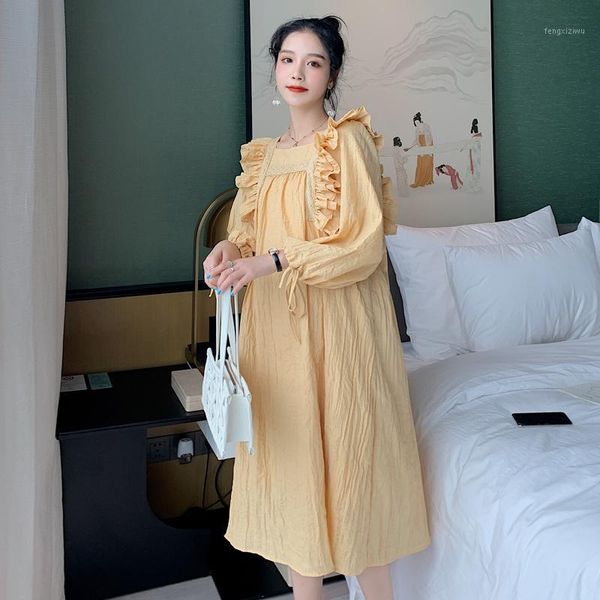 

maternity dresses long-sleeved spring loose dress ruffles patchwork square collar long sleeve pregnant women pleated yellow1, White