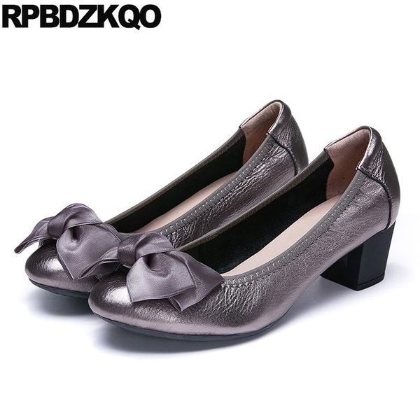 

dress shoes female runway big size genuine leather brand women 2021 pumps block thick round toe ladies chunky bow gray plus high heels, Black