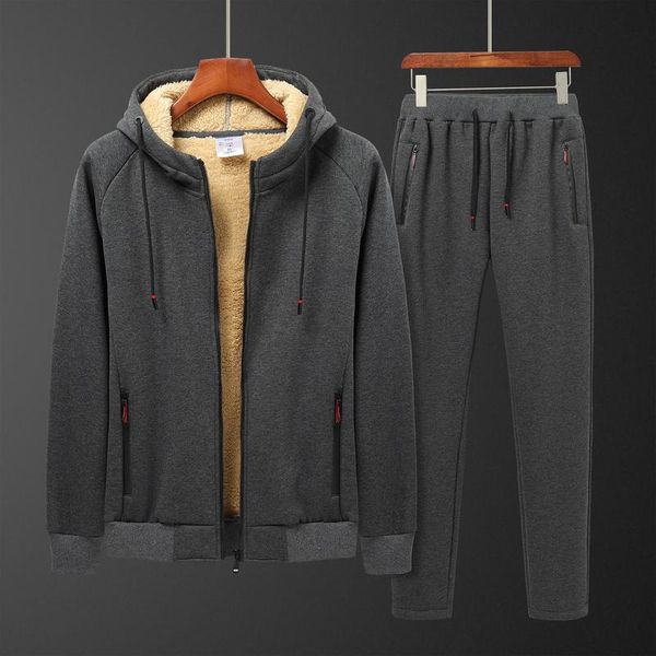 

lamb men set warm thick hooded jacket+pants 2pc sets cashmere hoodies zipper tracksuit sports suit plus size 6xl kg-1006, Gray