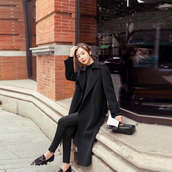 

women 2021 autumn winter new fashion casual solid color woolen coat female lapel loose double-sided wool overcoat outwear b5191, Black