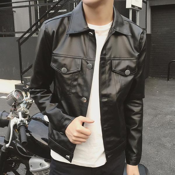 

spring mens motorcycle black pu leather short jacket slim fit single breasted coat long sleeve lapel outwear l  xxl f5