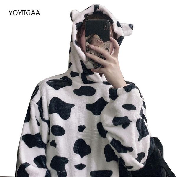 

women's hoodies & sweatshirts cow print women autumn winter thick female hooded fashion hoodie oversized, Black