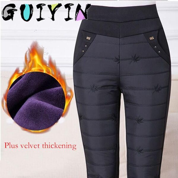 

women's pants & capris embroidery high waist plus velvet thickening down straight large size sweatpants fashion elastic trousers, Black;white