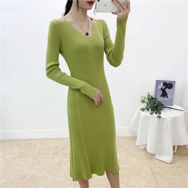 

bodycon short v-neck thick sweater women autumn winter basic slim knit female mini bottoming dress 7uaz, White
