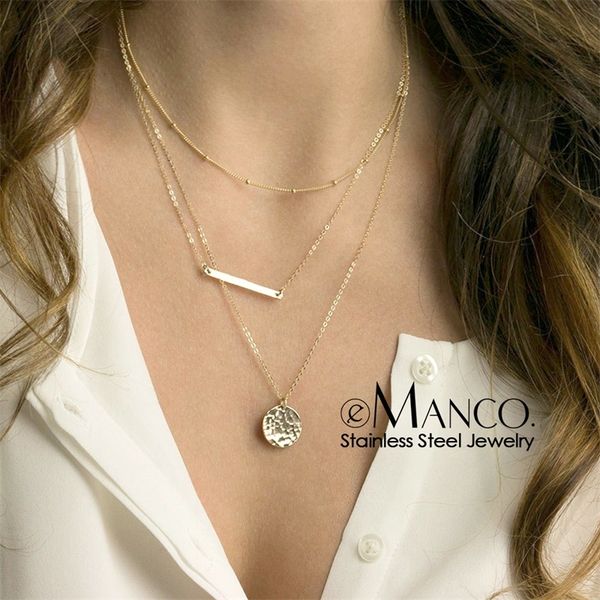 

e-manco trendy three layered necklace women stainless steel necklace for women simple chain choker necklace jewelry y200323, Silver