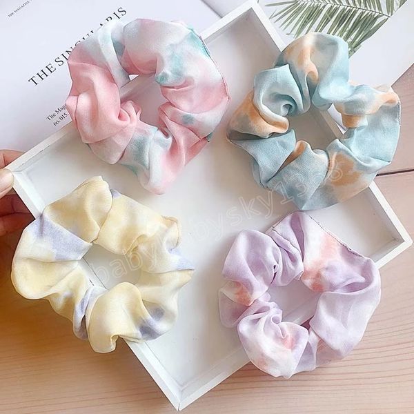 

silk scrunchie women girls elastic hair bands tie dye hair ties rope vintage hair accessories headband sweet print headwear, Slivery;white