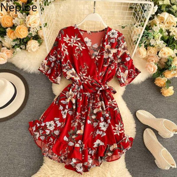 

neploe bohemian 2020 new summer bodysuit v neck short sleeve ruffle playsuit elegant print slim waist jumpsuit 1c9111, Black;white