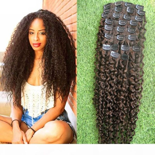 

#4 dark brown kinky curly clip in hair extensions 9pcs african american clip in human hair extensions 100g afro kinky curly clip ins, Black;brown