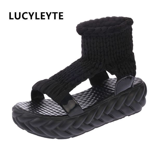 

comfortable casual wool women's summer sandals new arrival knit platform shoes candy color wedge sandalias y200702, Black