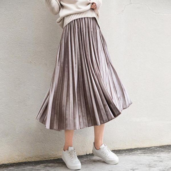

2020 autumn skirt new south korean style in the long section of solid color velvet vintage accordion pleated skirt ing, Black