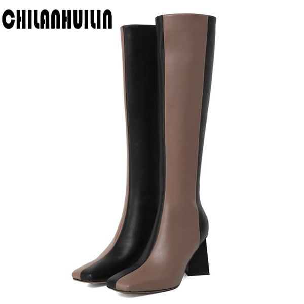 

brand shoe fashion mixed color back zipper women knee high boots concise design autumn winter high heels warm boots woman, Black