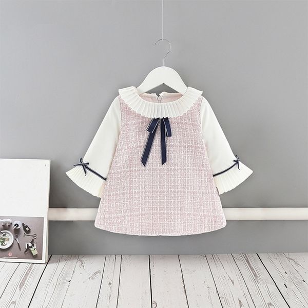 

girls dress new autumn preppy style flare sleeve plaid baby girls dresses for kids children clothes with big bow 2-5y y200102, Red;yellow
